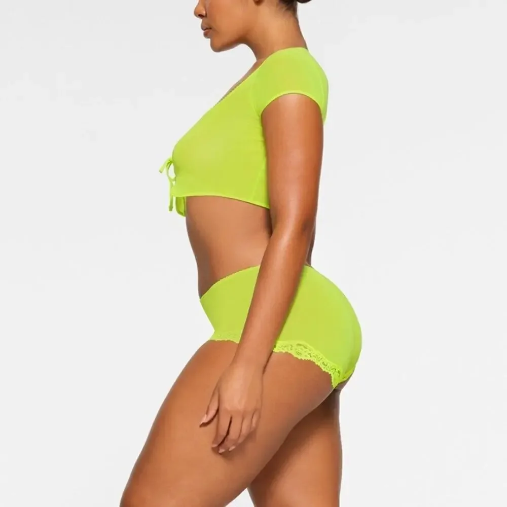 SKIMS Summer Mesh Cropped Top Tie Front Swim Cover Up in Highlighter 4X NEW